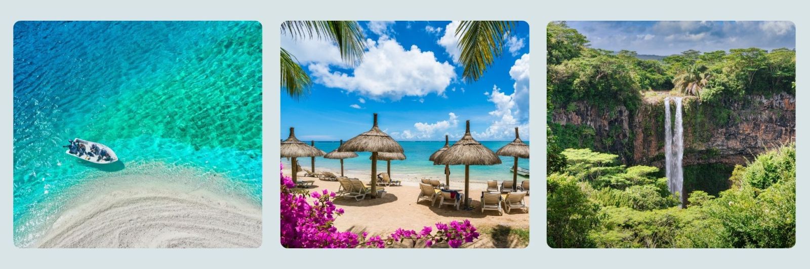 photos of boat on water beach and waterfall in Mauritius