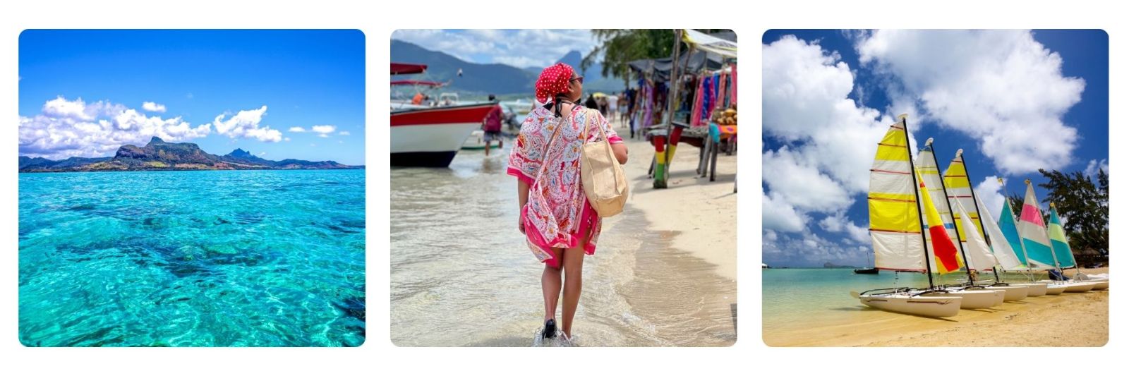 Photo of Mauritius island from the clear lagoon, lady at Mauritius beach market, sailing boats at Mauritius resort