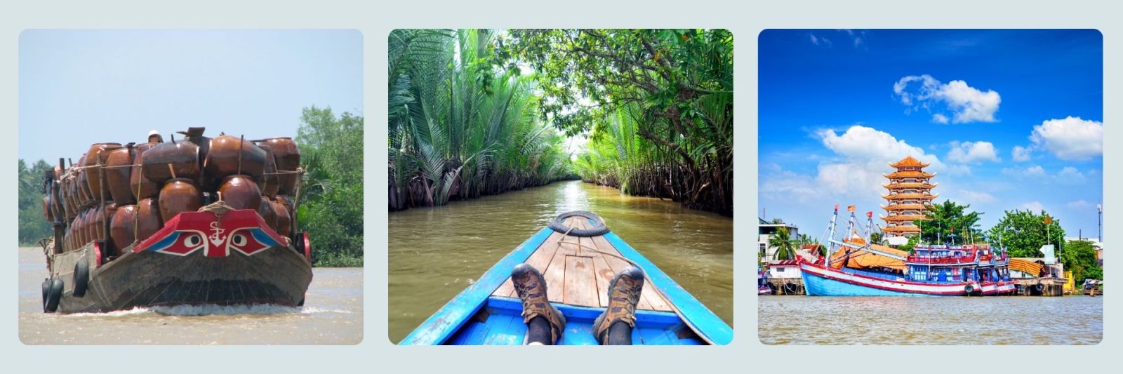 photo of boat with eyes on Mekong, person going through mangroves and colourful tourist boat on the Mekong