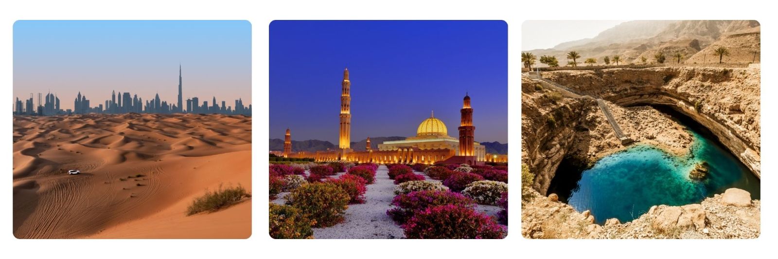Photos of Dubai Skyline from the desert, mosque in Oman at night, and a turquoise wadi in Oman