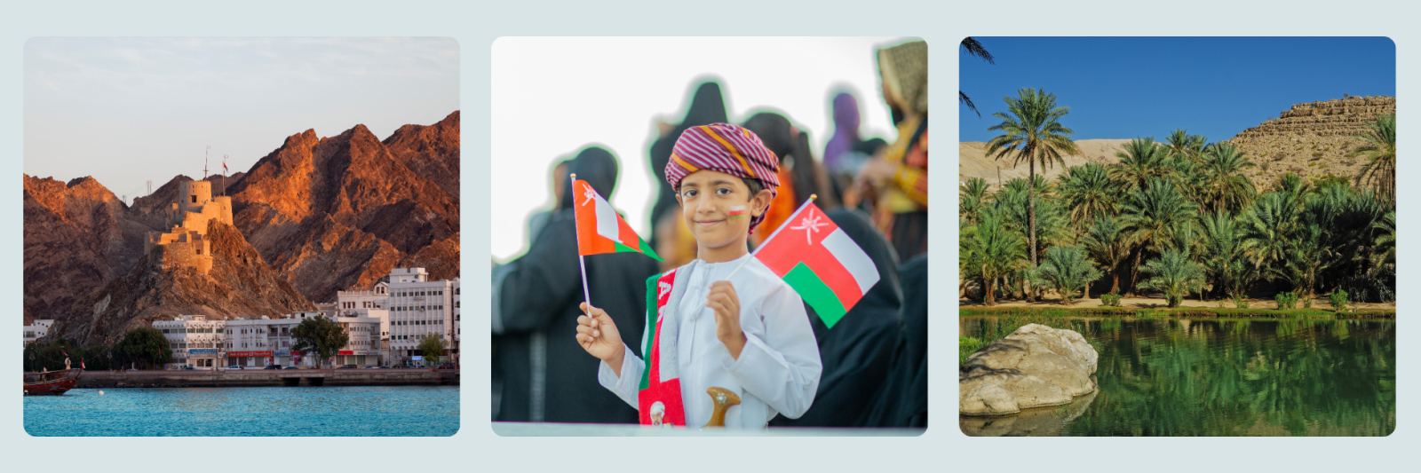 photos of Muscat harbour, a boy in traditional Omanian dress, and a Wadi