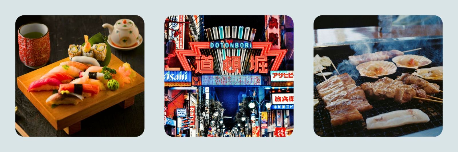 Photos of sushi, Dotonbori at night in Osaka and japanese bbq street food