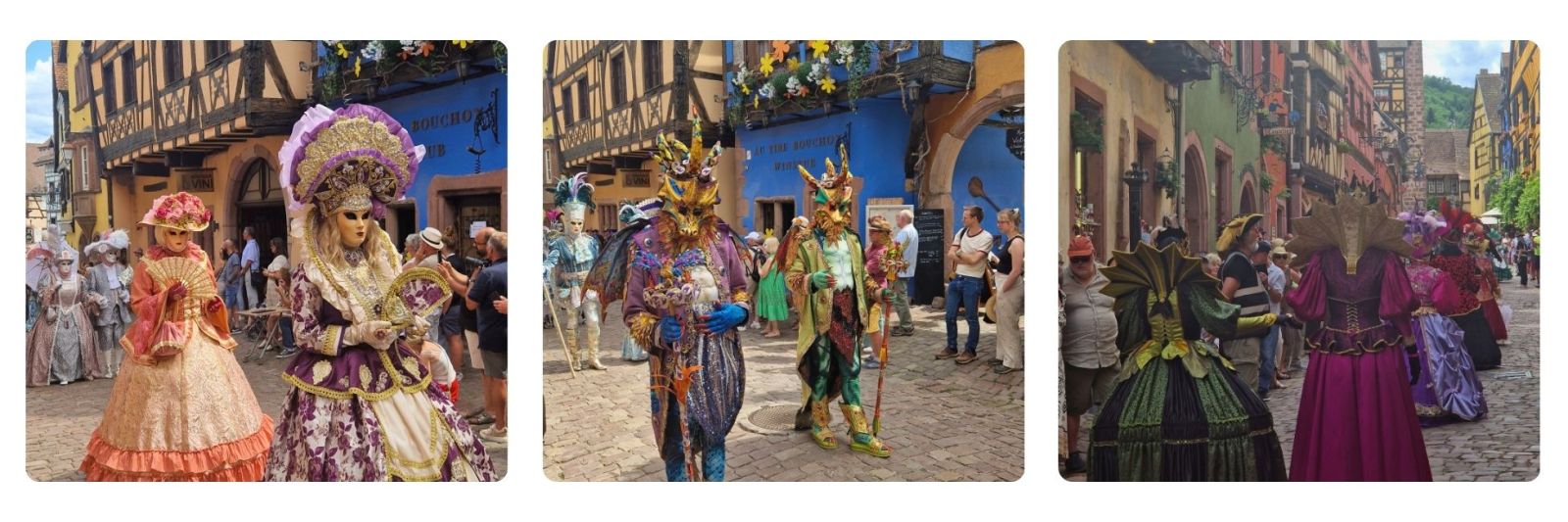 Photos of people in eleborate costumes on parade day in Riquewihr, France