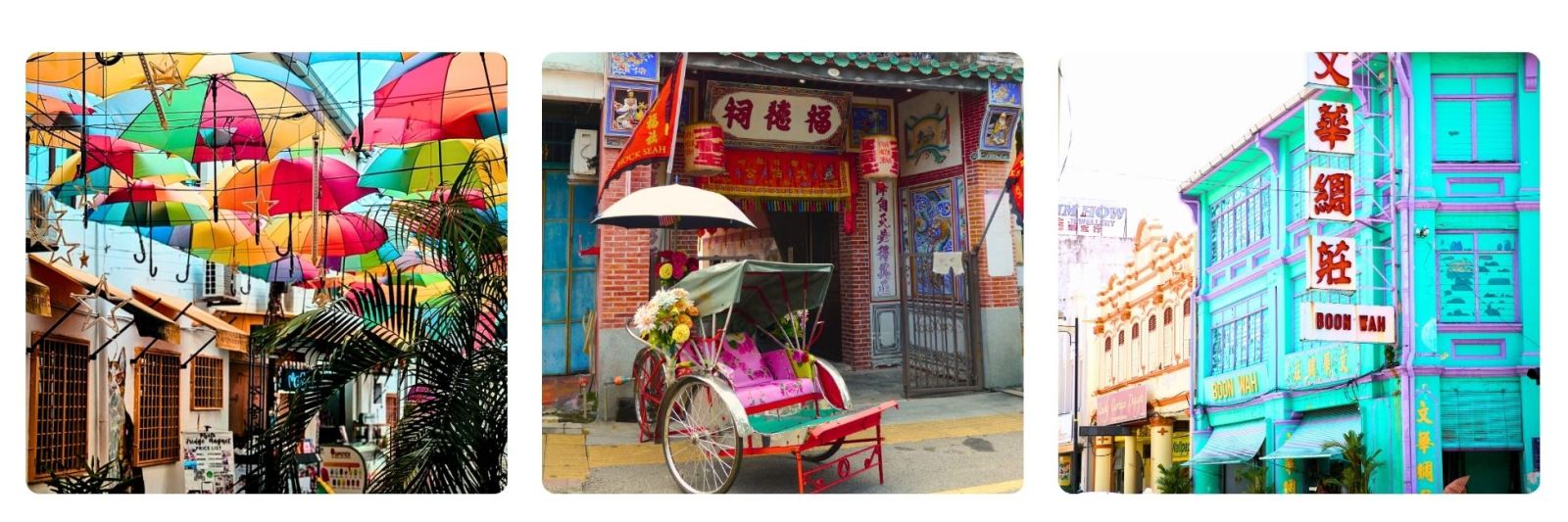 Penang umbrellas on street, Penang tuk tuk, Penang street