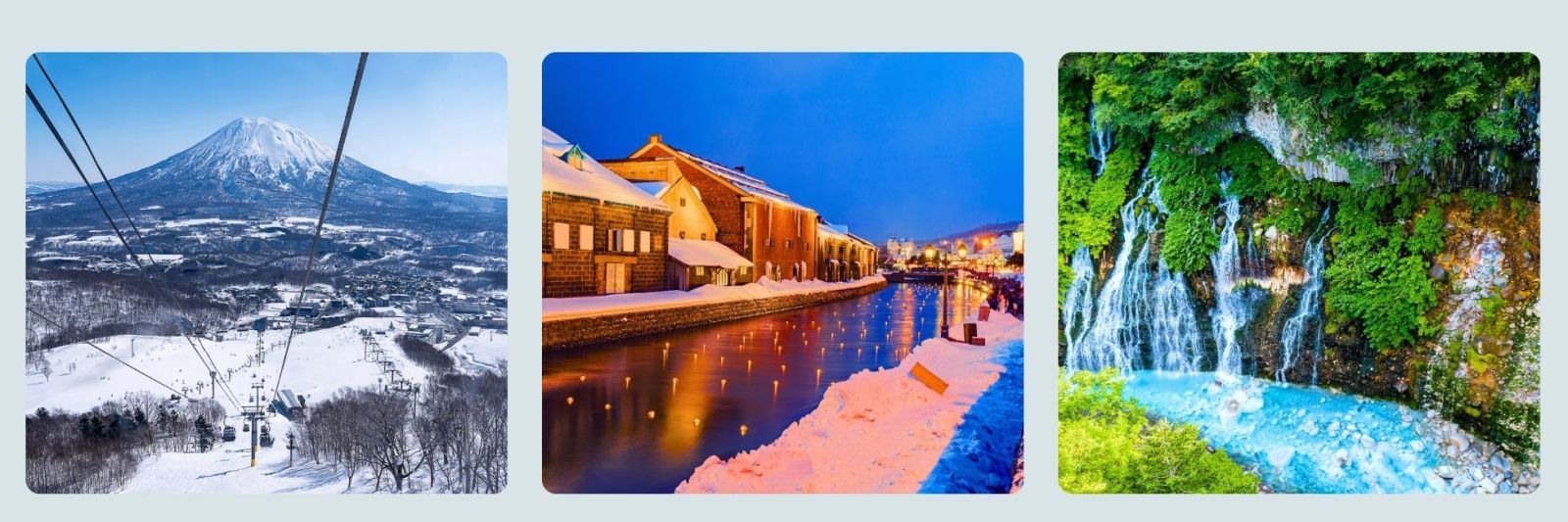 Photos of Ski lift in Sapporo, Sapporo in winter and night, and waterfall in Sapporo in summer