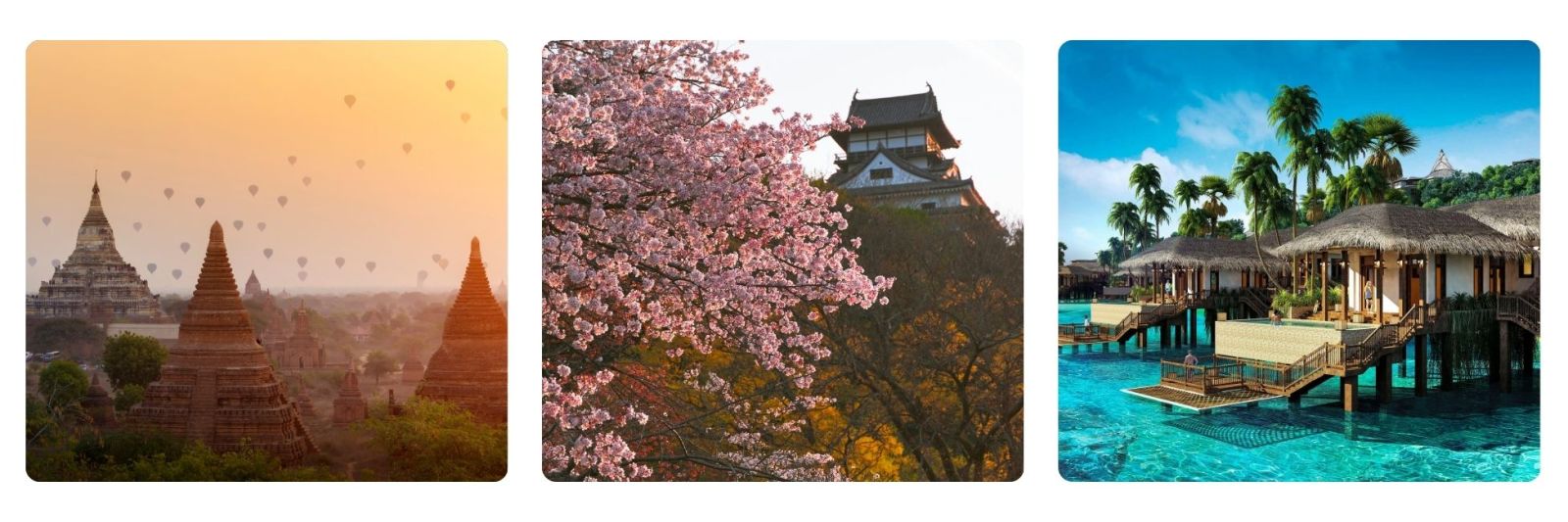 photos of ballons over temple complex in Thailand, Hiroshima Castle in cherry blossom in Japan and a overwater villa in the Maldives with private pool.