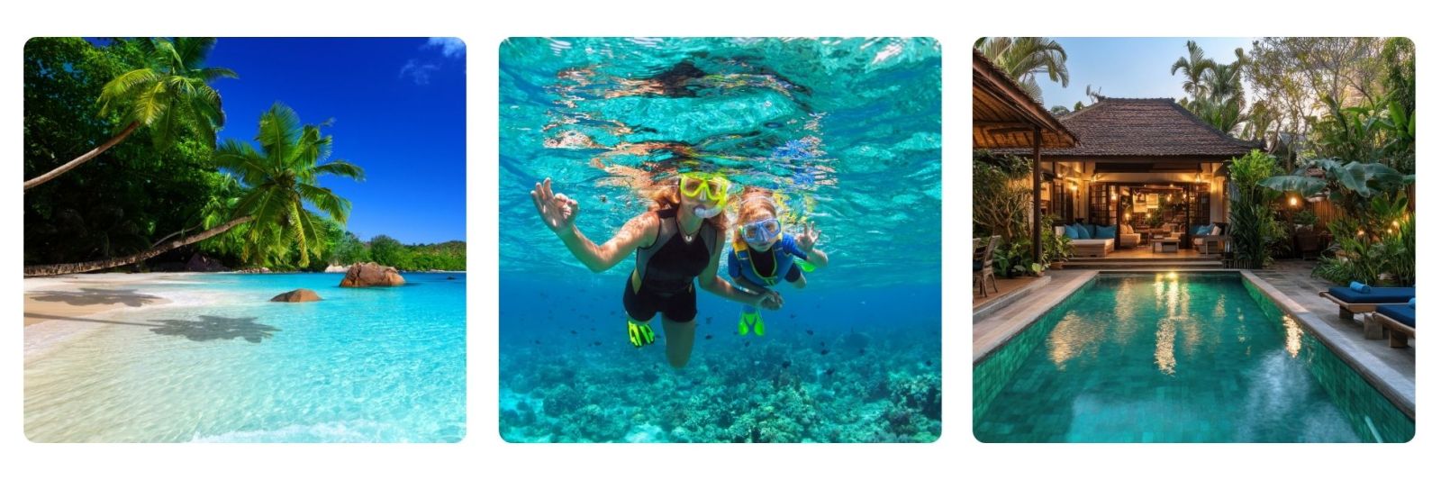 lagoon in Seychelles, children scuba diving and snorkling in the Seychelles, luxury hotel room with private pool in the Seychelles