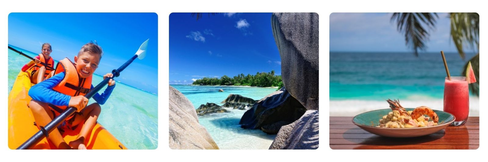 photo of children canoeing in the Seychelles, secluded bay in the Seychelles, Creole food and drink in the Seychelles. 