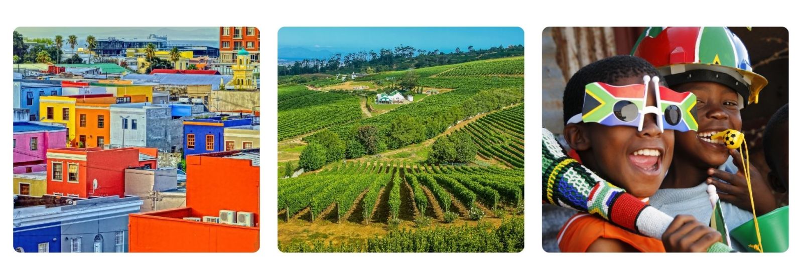 Photos of Cape Town, the Cape winelands and two african children with South African masks