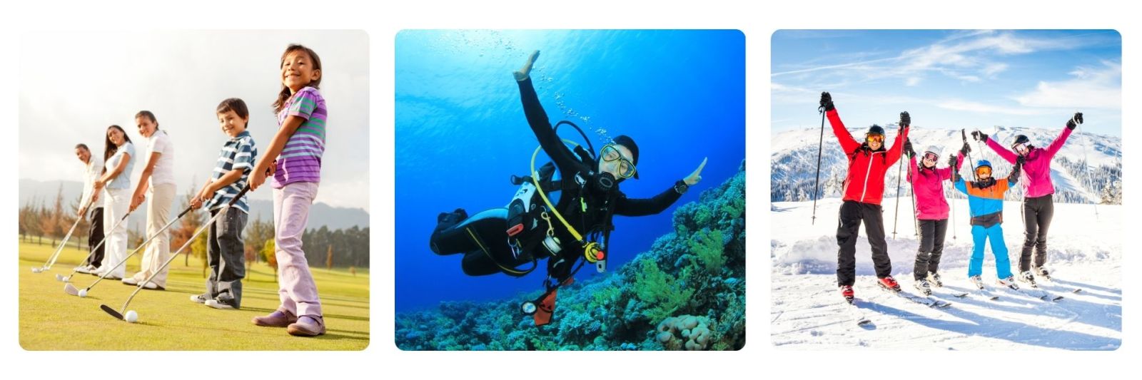 photos of family playing golf, a scuba diver and a family skiiing