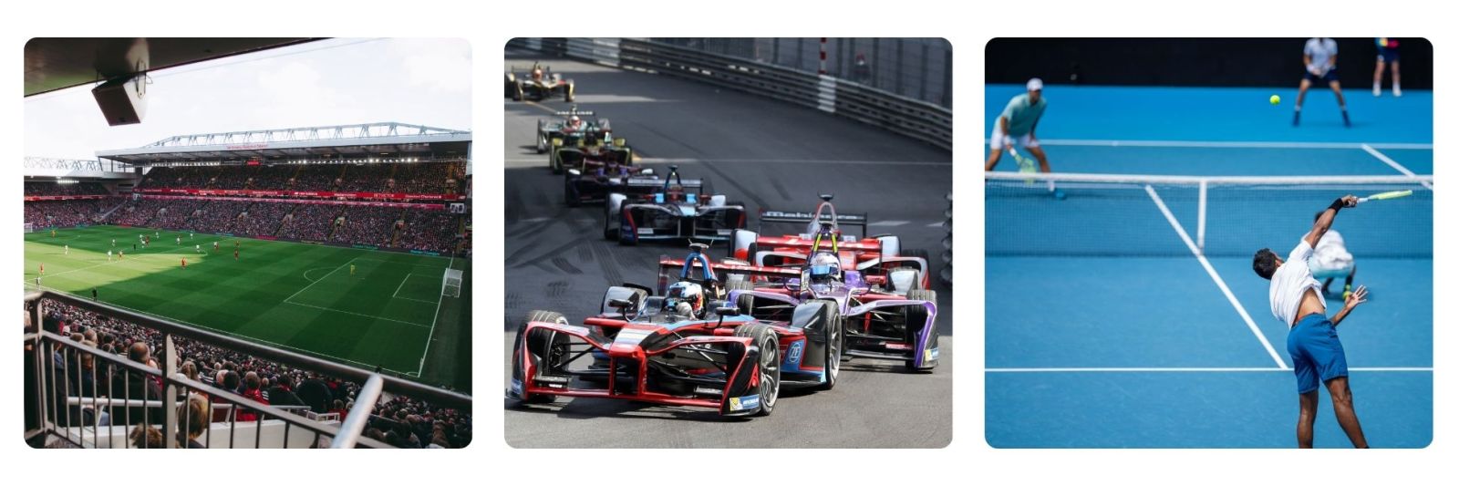 photos of football stadium, formula one cars and a tennis match
