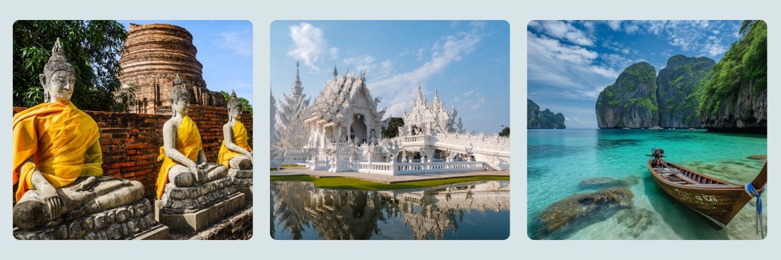 photos of Thai temple and buddha statues, the white palace and boats in the Thai sea with islands behind