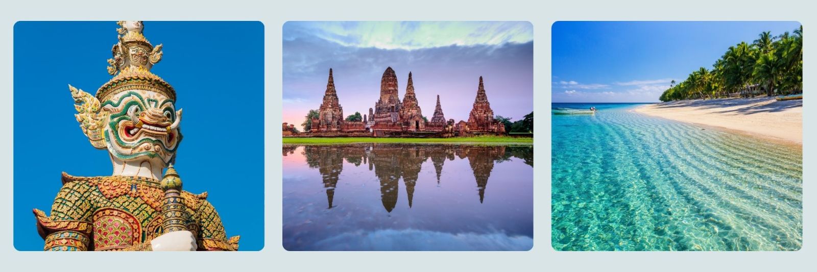 Photos of Thai buddha statue, Thai temple and beach