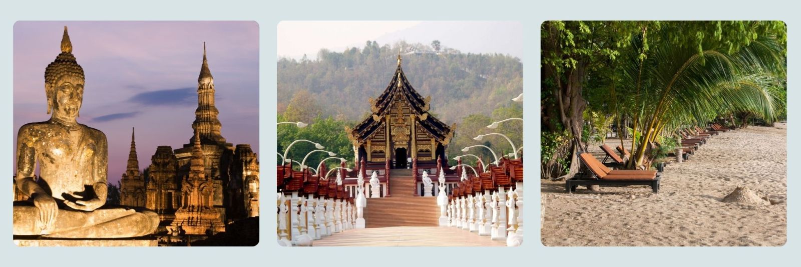Photos of Thai temple and buddha statue, bridge over river Kwai, beach with palm trees
