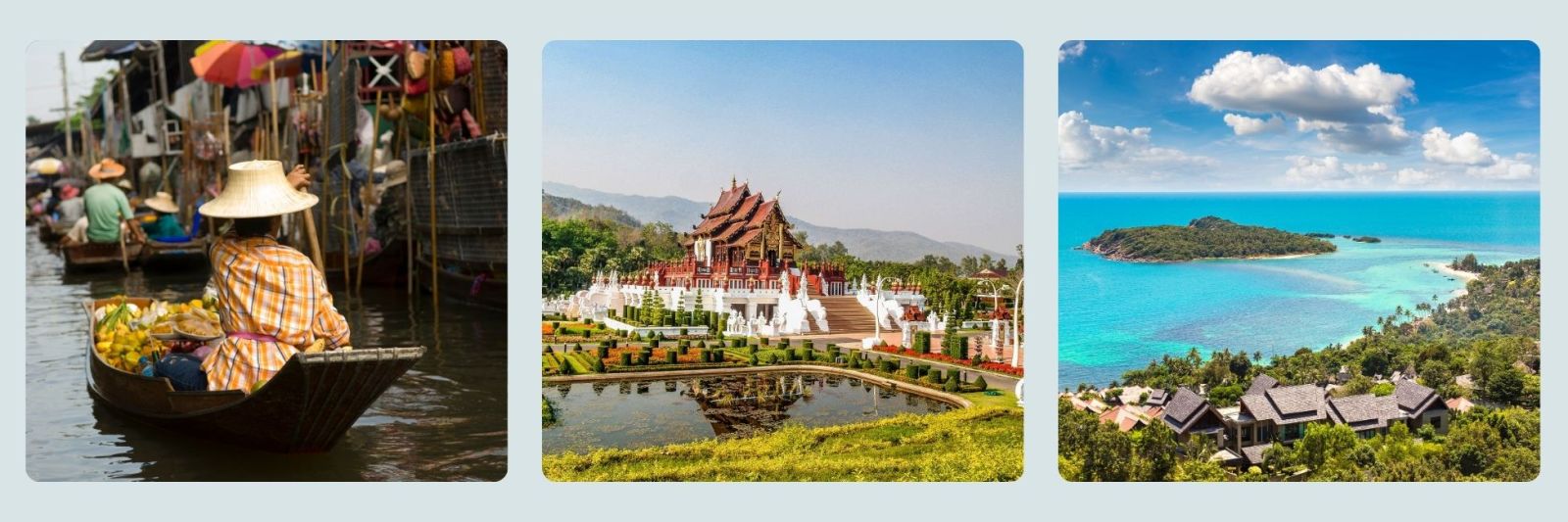 photos of floating market in bangkok, the summer palace and a beach in thailand