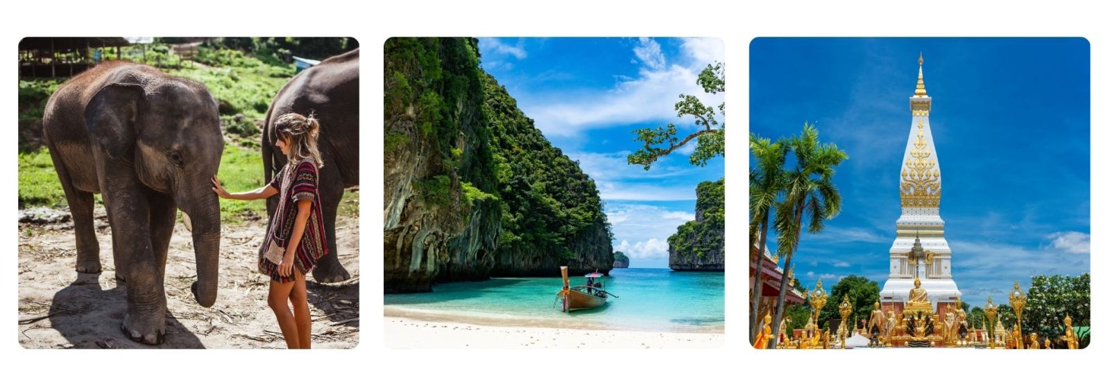photo of woman stroking elephant, thai temple and a picture of a thai island