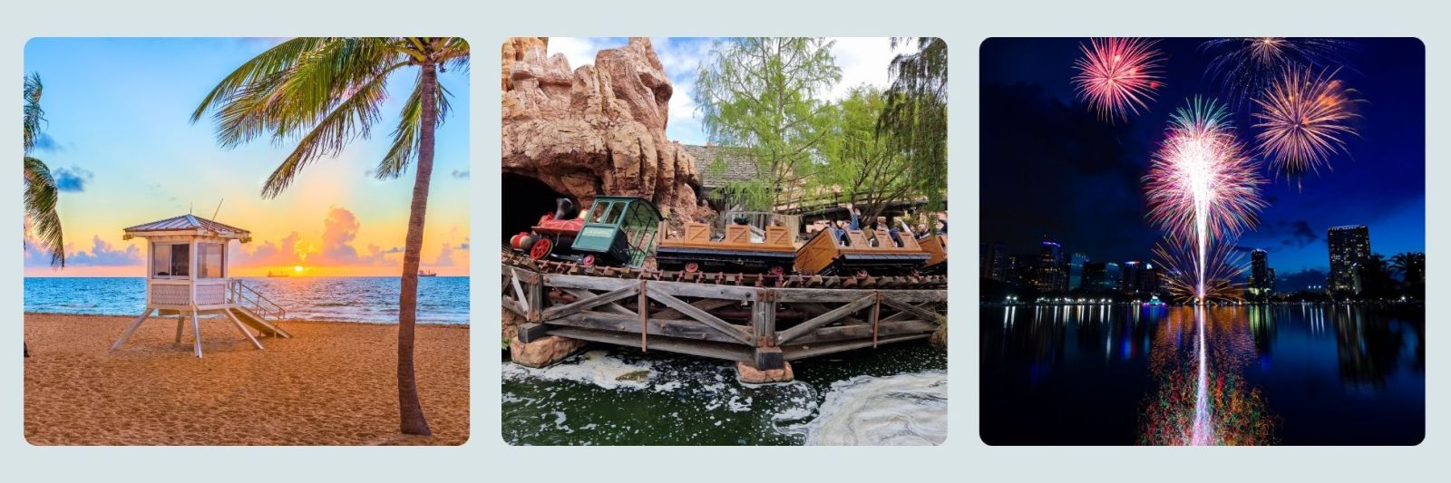 photo of beach hut in Florida, theme park ride and fire works in florida