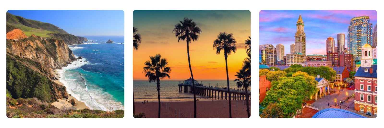 Photos of West coast USA, California boardwalk with palm trees and Boston skyline