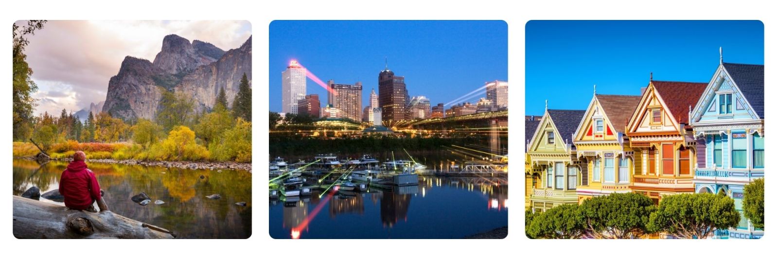 Photos of Yosemite park, New Orleans skyline, and Cape cod coloured houses