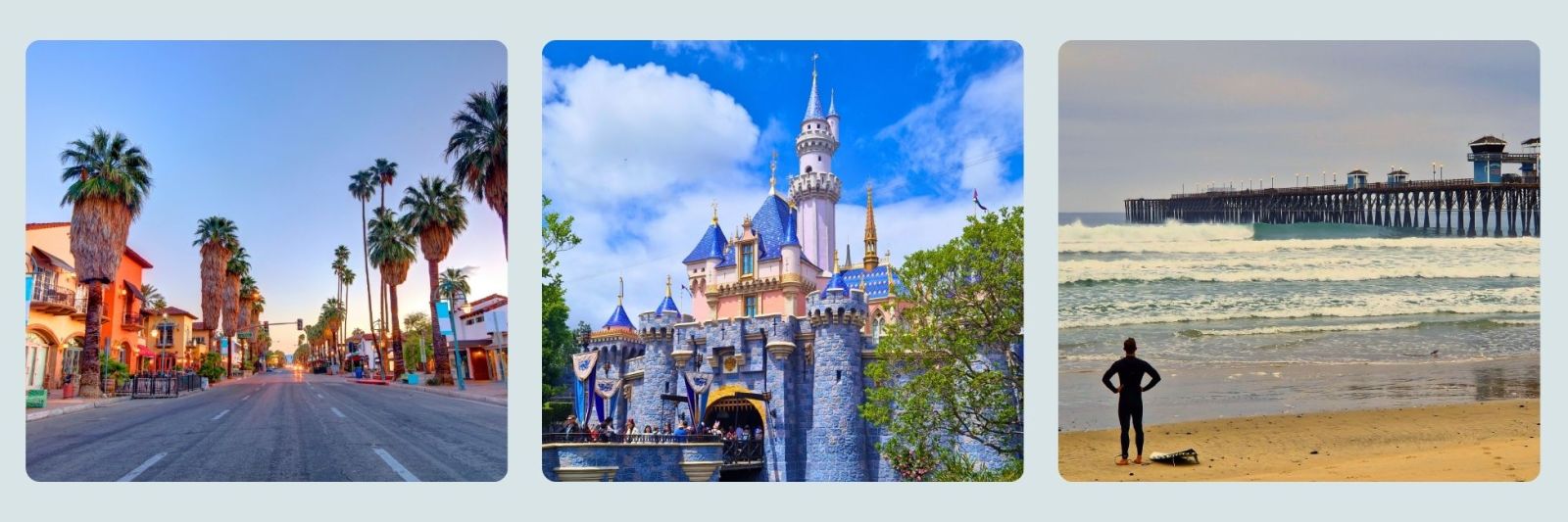 photo of LA street, and surfer on the beach