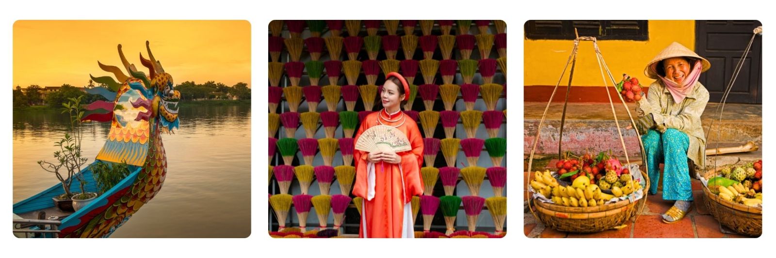 Photo of dragon boat halong bay, a vietnamese lady with fans, vietnamese lady with fruits