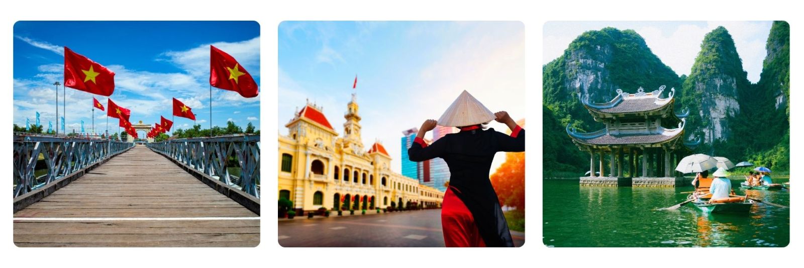 Photo of bridge with vietnamese flags, Saigon, halong bay temple