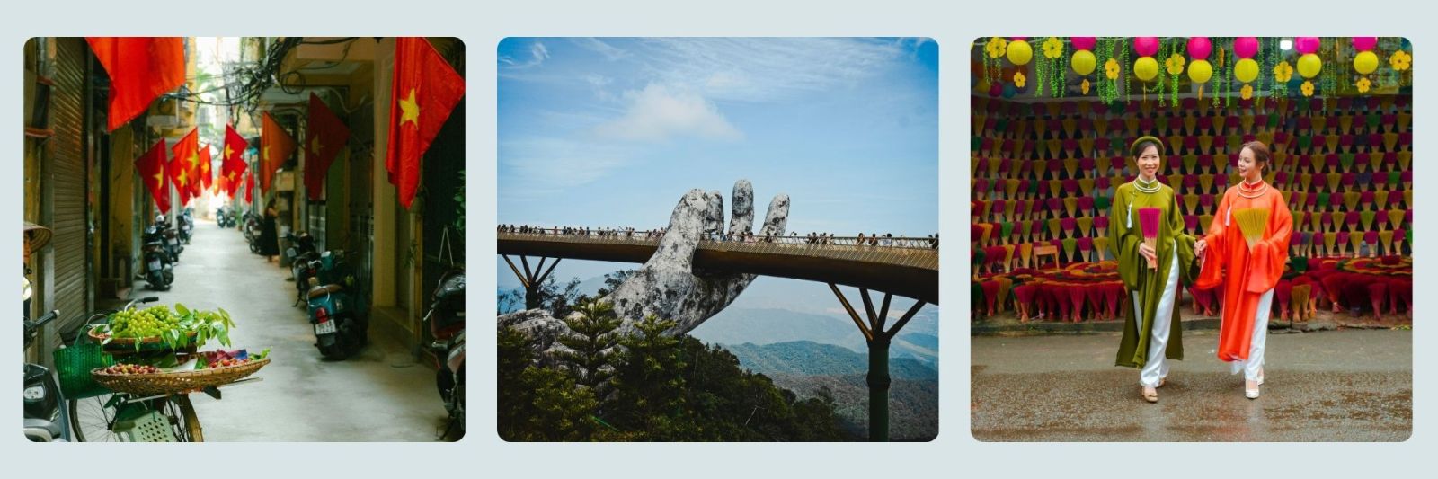 Pictures of vietnamese flags, Da Nang and ladies walking in traditional vietnamese dress