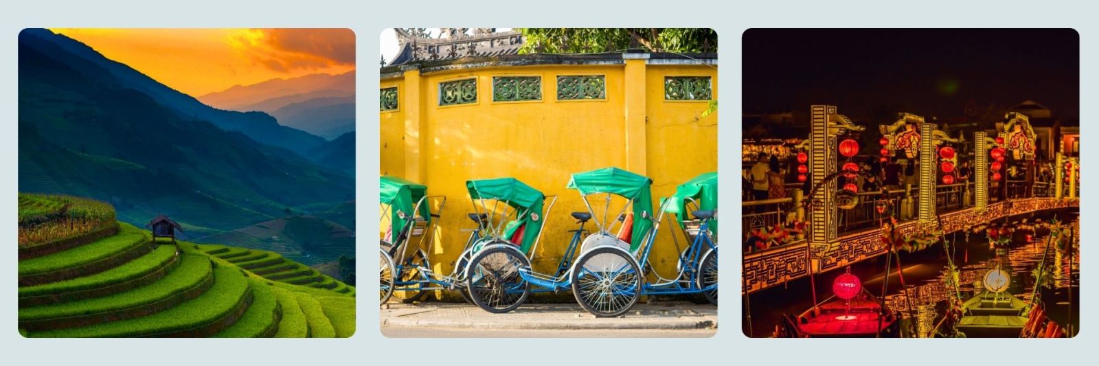 photos of rice fields, tuk tuks in Hai An and Da Nang at night