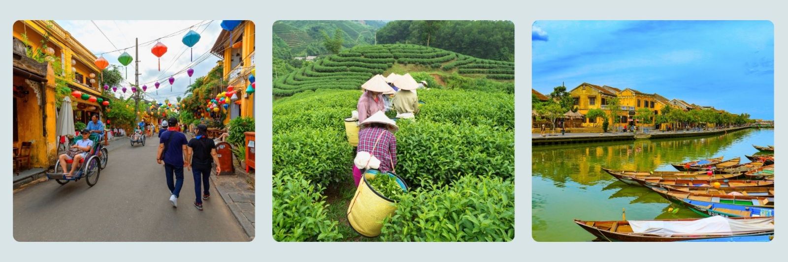 photos of Hoi An in the day, ladies in rice paddies and Halong Bay