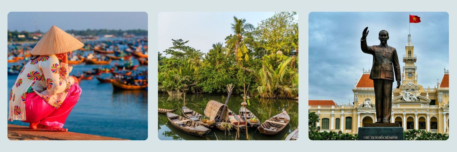 photos of vietnamese lady by water in traditional dress, boats in the Mekong, and statue of Ho Chi Minh