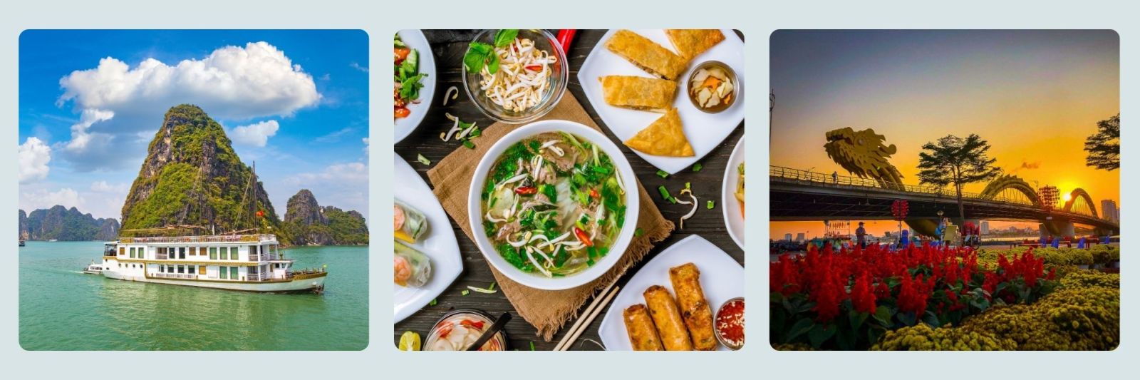 photo of boat in halong bay, some vietnamese food and the Da Nang bridge at night