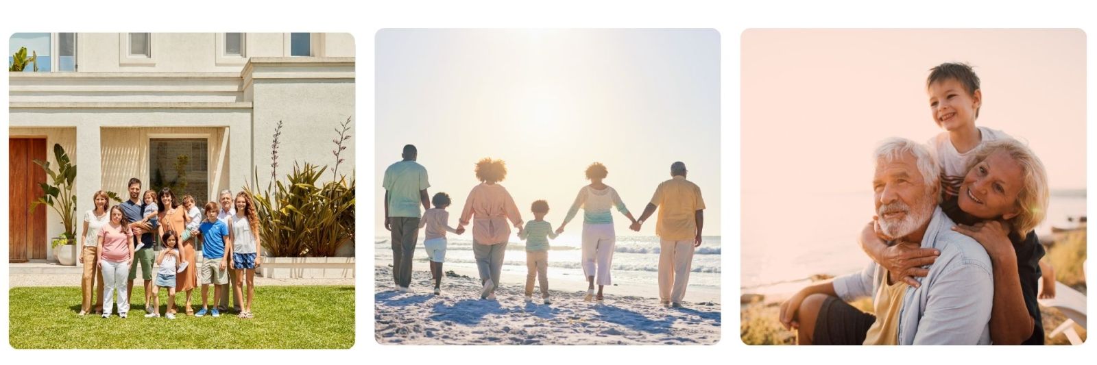 Family on holiday with grandparents, parents and teenagers at a villa in America, and a multi-generational family walking on the beach in USA