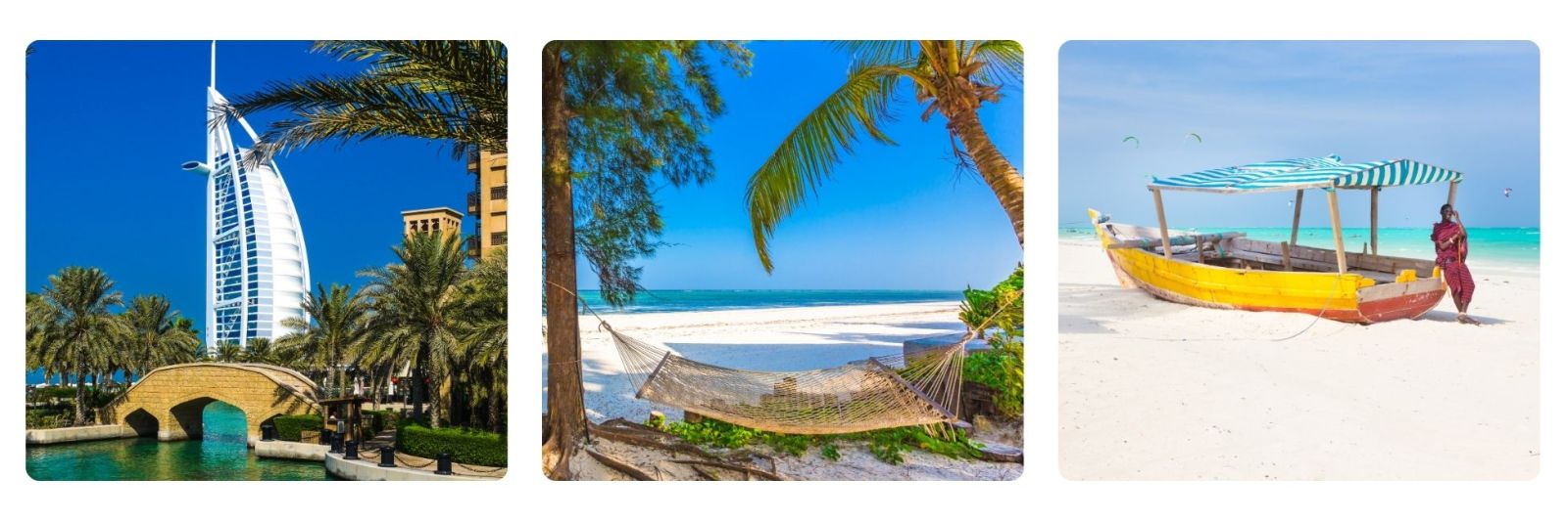 Photos of Burj Khalifa, and sandy beaches in zanzibar